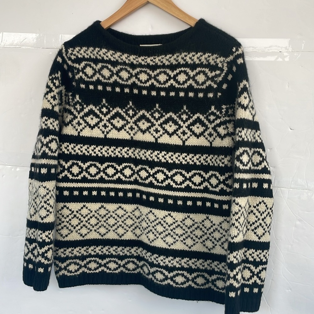 Eddie Bauer Womens Chunky Knit Black Cream Lambswool Angora Blend Sweater Medium